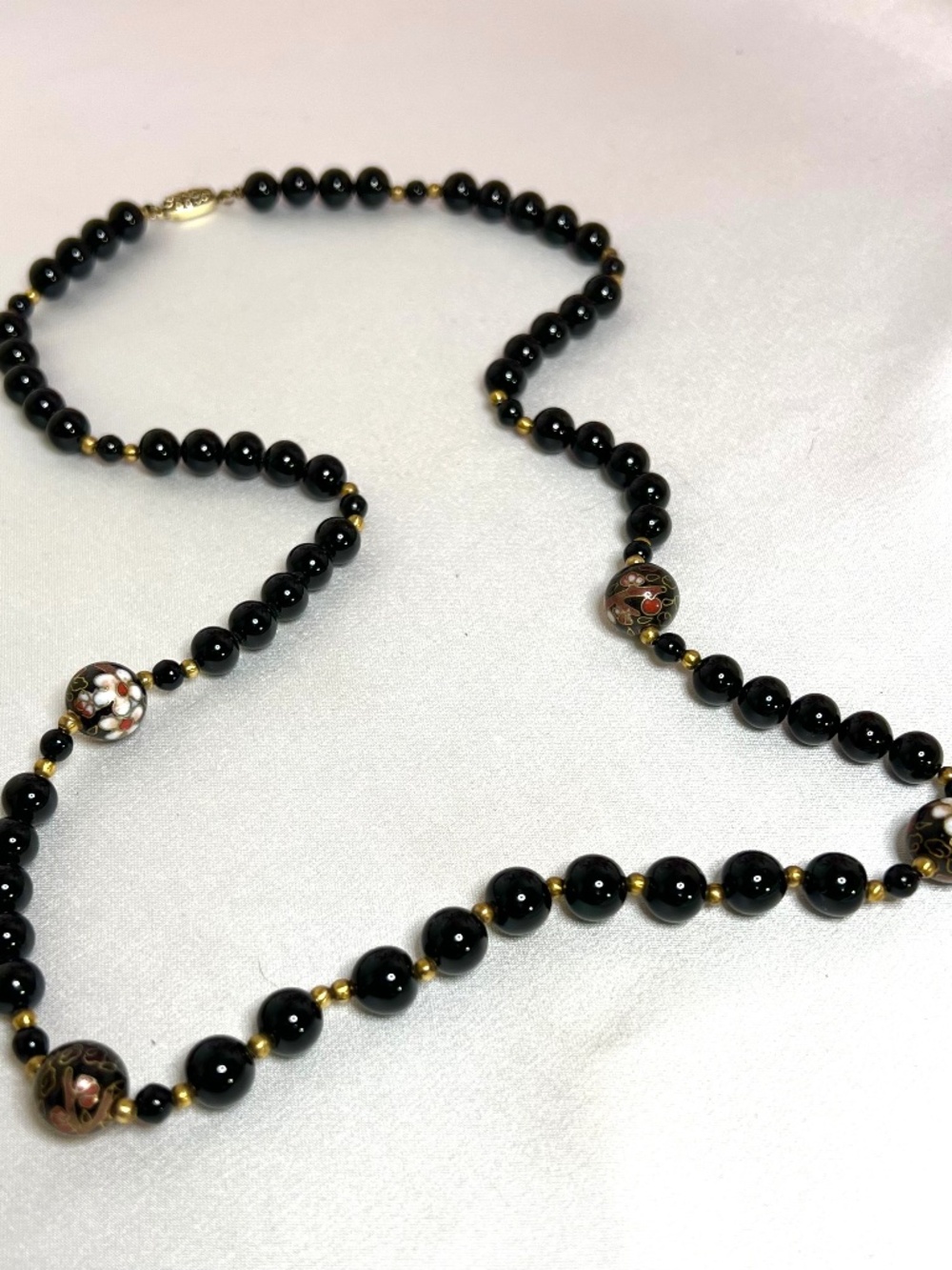 Vintage Black Onyx and Cloisonné Necklace With Silver Vermeil Clasp